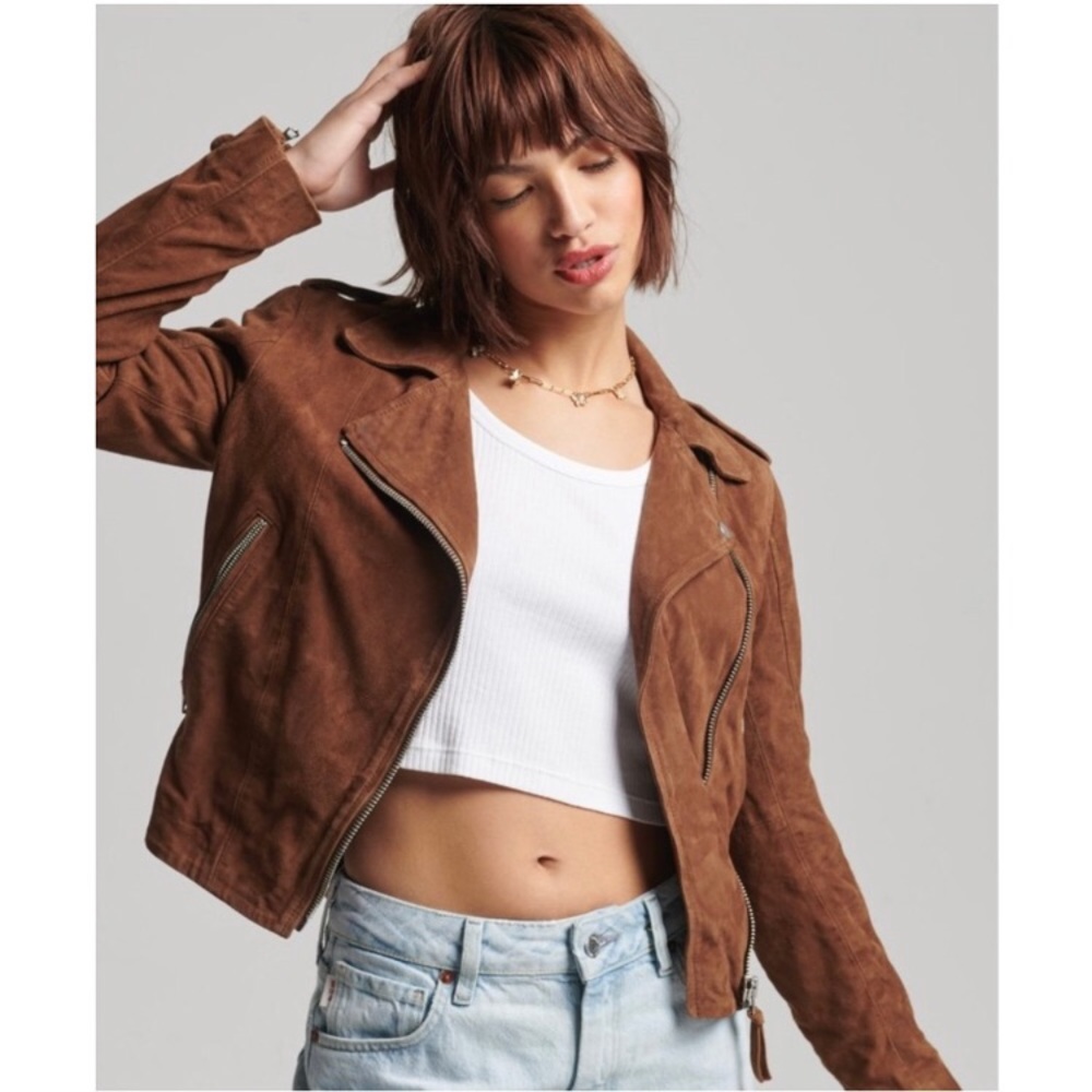 Mango MNG Pig Leather Ise Zipper Moto Jacket in Chocolate Brown size Small